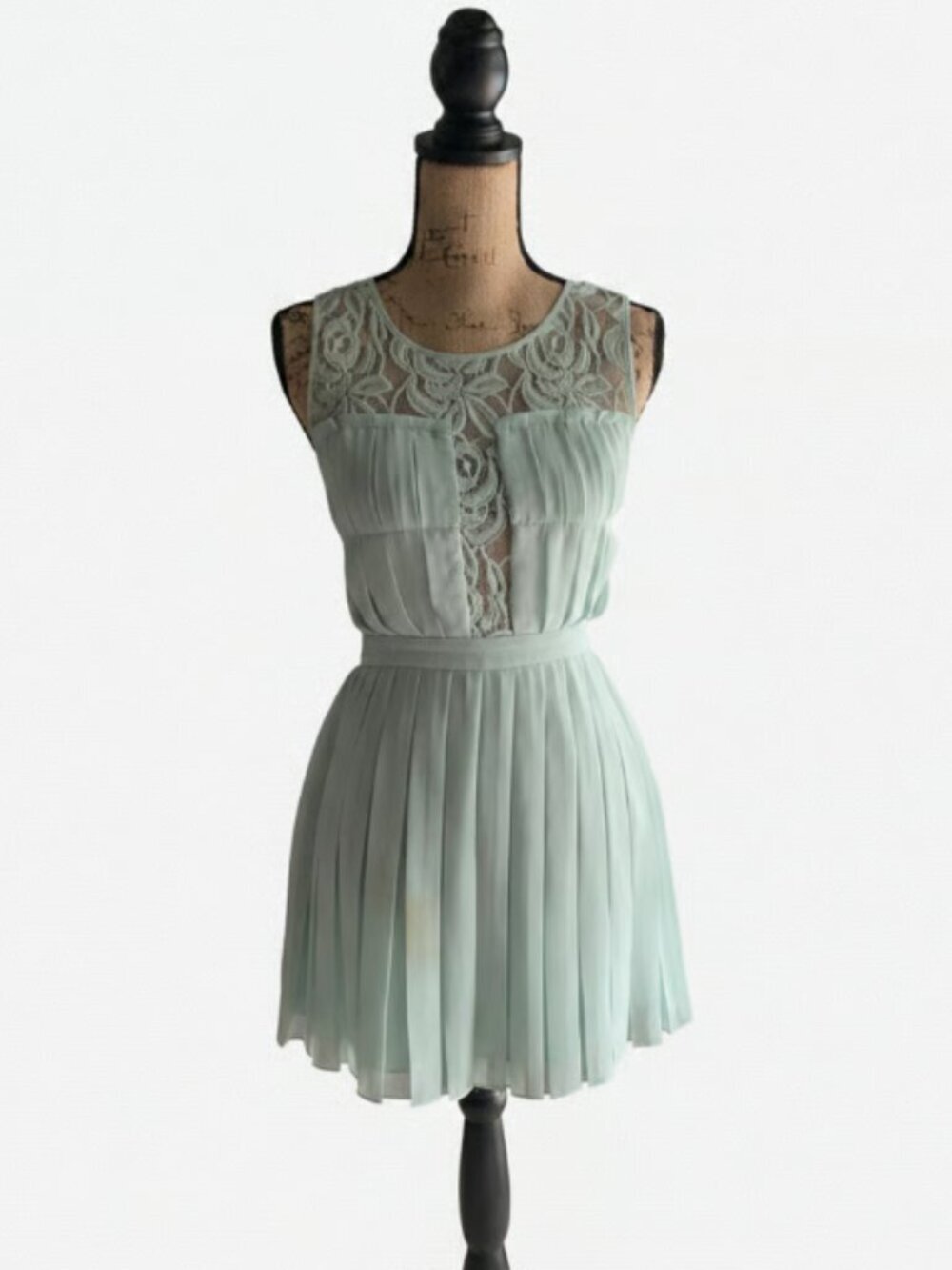 BCBGeneration Elegant Lace and Pleated Dress in Light Green